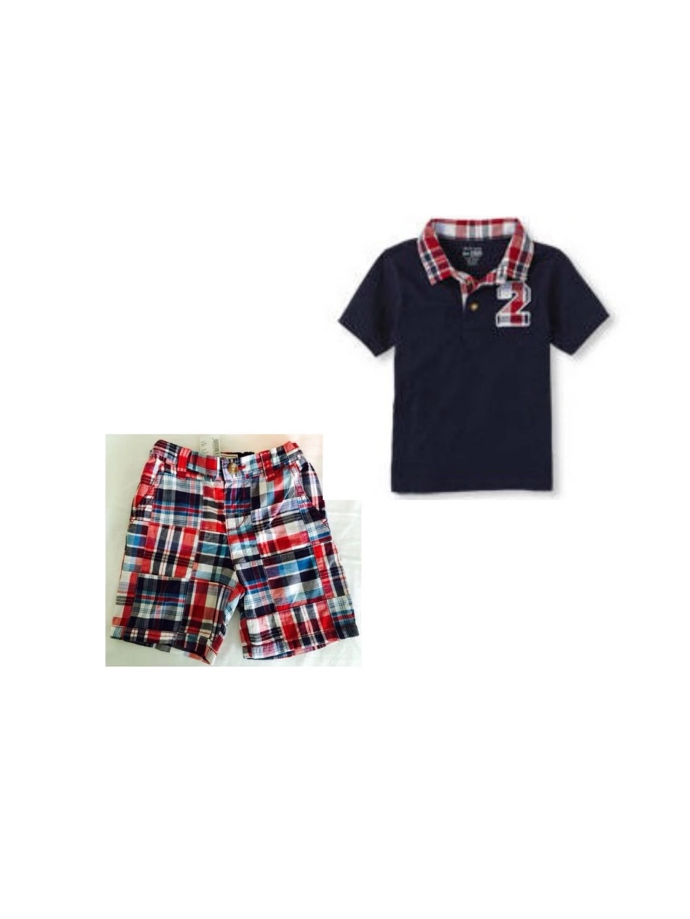 NWT Children’s Place Navy “2” Polo w/ Red Plaid Collar & Red Patchwork Shorts 2T
